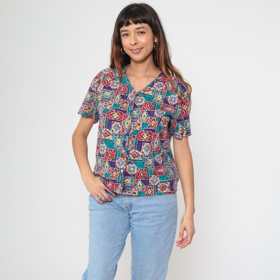 Vintage Southwestern Shirt 90s Geometric Print Button up Top V Neck Short Sleeve Blouse Red Turquoise Blue Purple 1990s Medium M