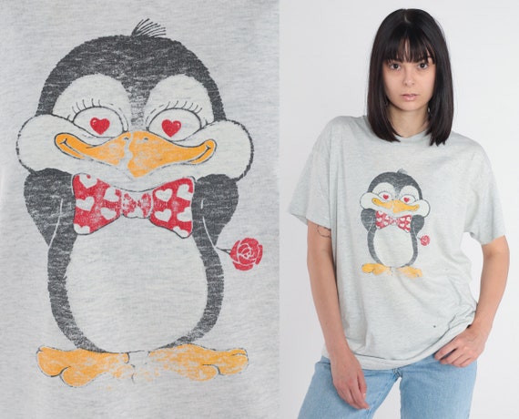 Penguin T-Shirt 90s Cartoon Shirt Cute Animal Graphic Tee Love Rose Single Stitch Grey Distressed Vintage 1990s Screen Stars Extra Large xl