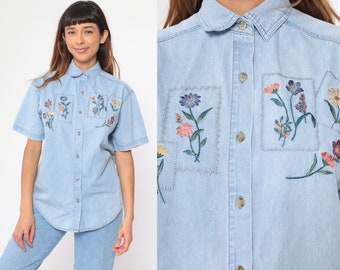 Embroidered Denim Shirt 90s Floral Top Blue Jean Button Up Blouse Short Sleeve Retro Hippie Garden Flower Print 1990s Vintage Large L