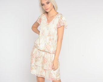 Vestido mini floral de los años 70 con mangas onduladas, estilo bohemio, a rayas, blanco roto, cintura baja, escalonado, para fiesta en el jardín, estilo hippie, bohemio, vintage, escote en V, años 70, pequeño