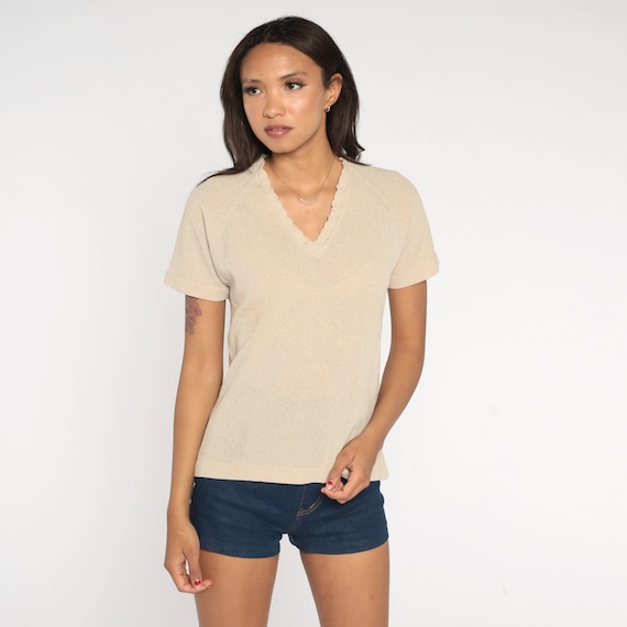 Plain Beige Top 80s V Neck TShirt Plain T Shirt Short Raglan Sleeve Top Retro Tee Vintage Basic 1980s Blouse Women Short Sleeve Medium