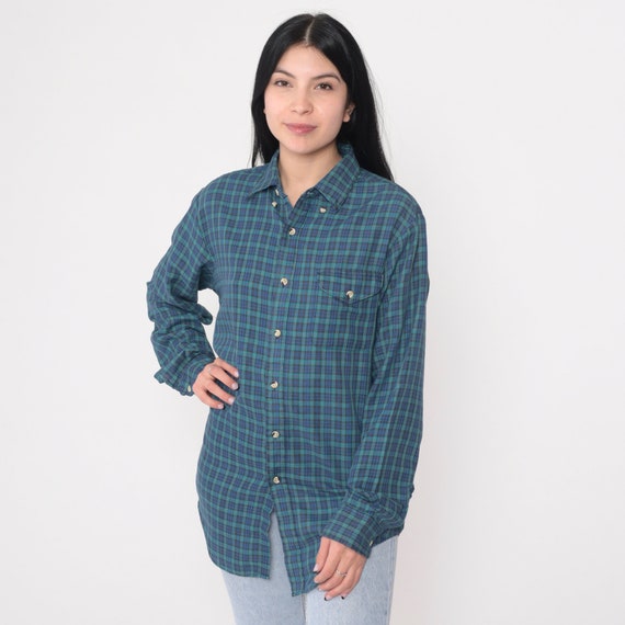 90s Flannel Shirt Blue Green Button up Shirt Long Sleeve Retro Grunge Checkered Boyfriend Shirt Casual Top Vintage 1990s Mens Medium 15 1/2