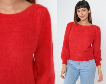 80s Angora Blend Sweater Red Puff Sleeve Sweater Boatneck Sweater Soft Fuzzy Knit Pullover Sweater 1980s Vintage Boat Neck Small