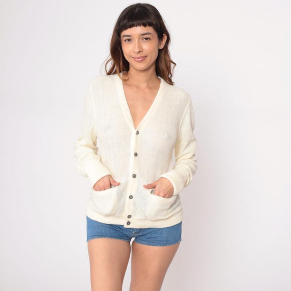 80s Cream Cardigan Button Front Pocket V Neck Vintage Oversized Preppy Ivory Knit Sweater Off White Cozy Grandpa Style Beige Medium M