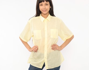 70s Arrow Sheer Shirt Pale Yellow Butter Camp Collar Dual Pocket Blouse Short Sleeve Summer Top Lemon Cream Preppy Collegiate Medium M