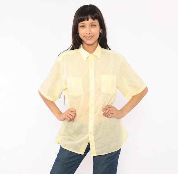 70s Arrow Sheer Shirt Pale Yellow Butter Camp Collar Dual Pocket Blouse Short Sleeve Summer Top Lemon Cream Preppy Collegiate Medium M