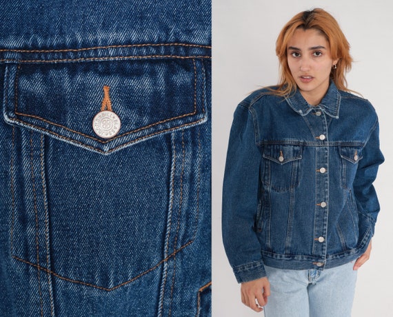 90s Denim Jacket Bill Blass Vintage Jean Grunge Biker Dark Wash Button Up Trucker Biker 1990s Hipster Classic Large L