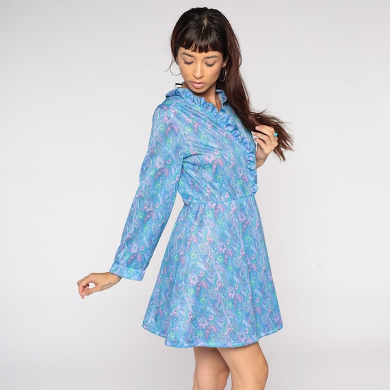 80s Paisley Dress Blue Psychedelic Print Ruffle M… - image 5