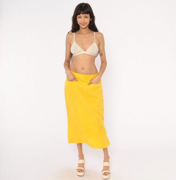 80s Mustard Linen Skirt Button Side Midi Yellow Gold Patch Pocket Ta Whitney Summer Midi Length Golden Butter Straight Vintage Large L