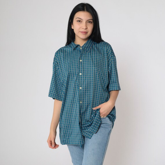 Gap Button Up Shirt Y2K Blue Houndstooth Print Shirt Checkered Short Sleeve Retro Collared Button Down Vintage 00s Men's Extra Large xl