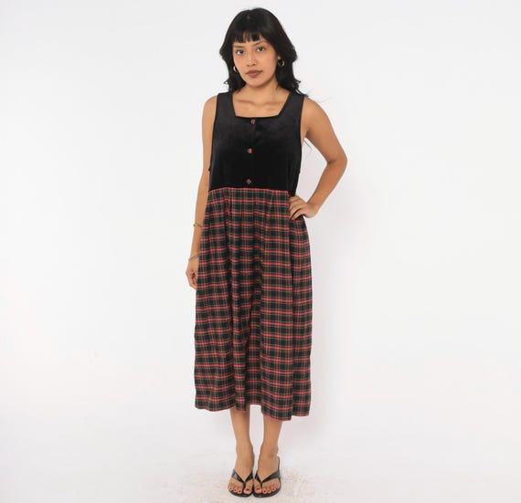 90s Plaid Velvet Midi Dress Black Red Tartan Sleeveless Square Neck Button Front Empire Waist Gathered Skirt Pinafore Vintage Medium M