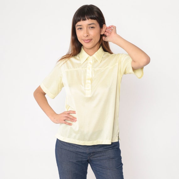 Yellow Polo Shirt -- Vintage 80s Button Up Shirt Pastel Light Yellow Retro Tshirt Collared 1980s Short Sleeve Tee Plain Medium