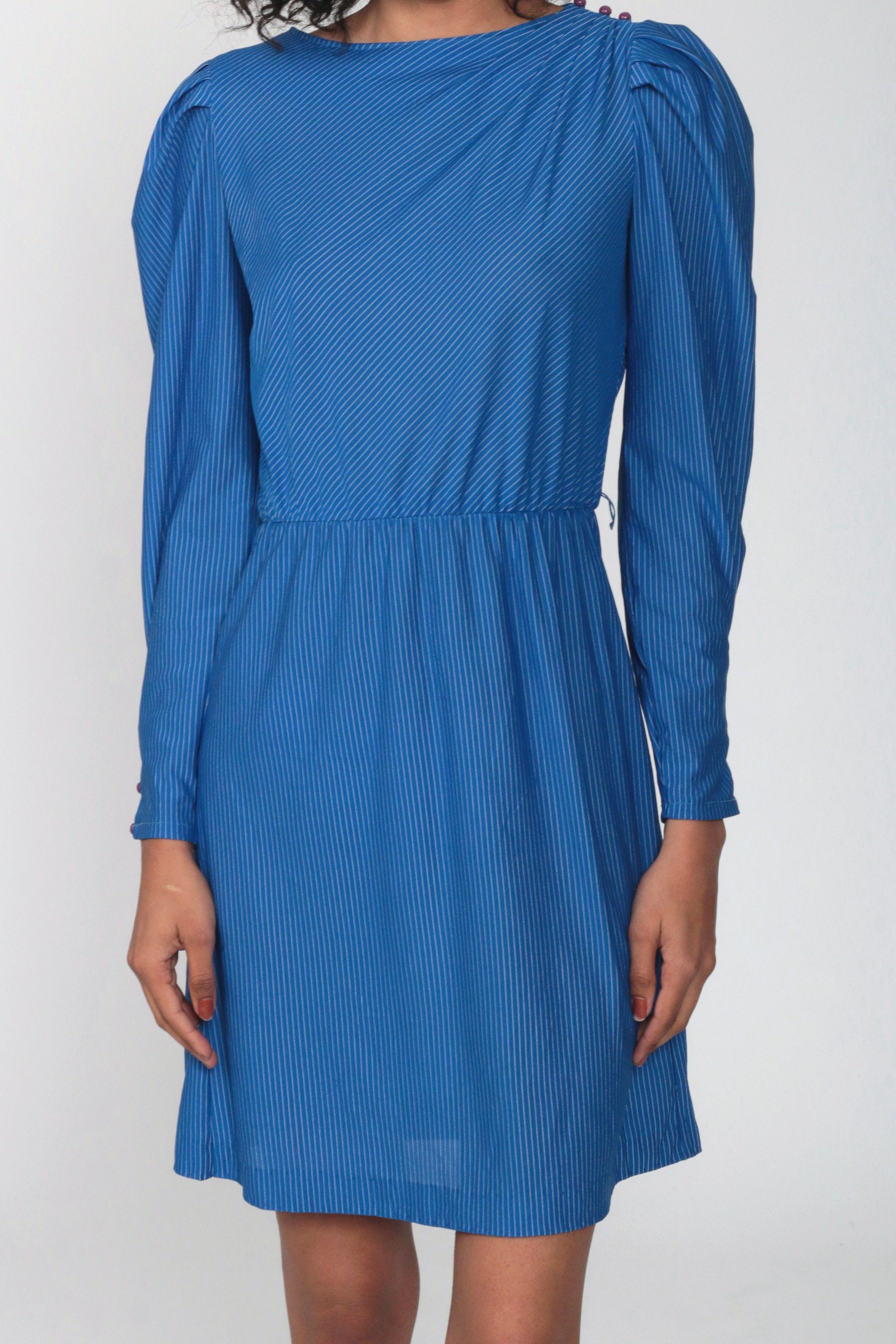 80s Puff Sleeve Dress Royal Blue Pinstripe Dress Mini Dress Secretary