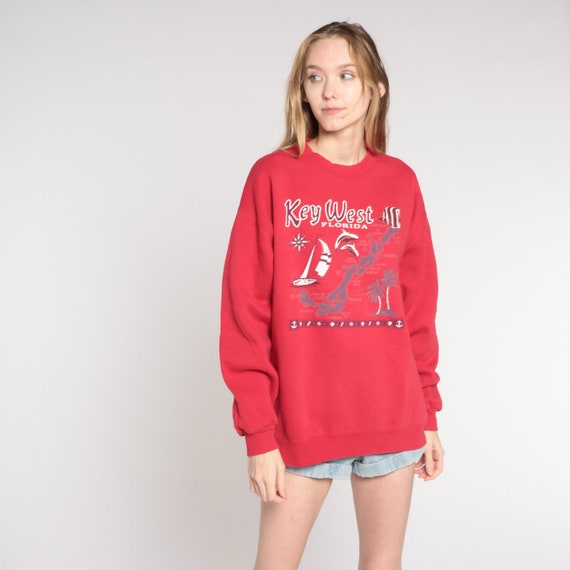 Vintage Florida Sweatshirt KEY WEST Shirt Red Graphic Island Sailboat Crewneck 90s Pullover Sweatshirt 1990s Dolphin Tourist Lee Large L