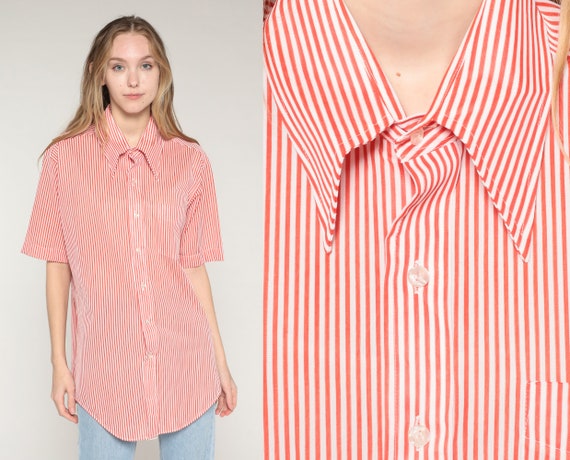 Red Striped Shirt 70s Button Up Dagger Collar Top Retro Pinstriped Disco Shirt Short Sleeve White Stripes Vintage 1970s Mens 16 1/2 Large L
