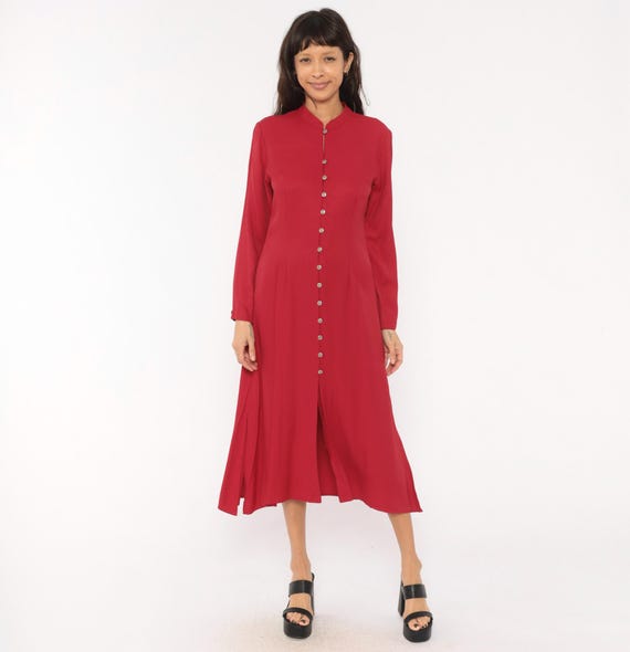 90s Cranberry Button Front Dress Mandarin Collar Long Sleeve Midi Cherry Wine Burgundy A Line Silver Accent Fall Frock Medium