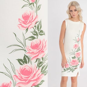 Rose Print Dress 80s White Floral Mini Dress Sleeveless Shift Dress Pink Flower Side Slit Garden Party Tank Vintage 1980s Extra Small xs