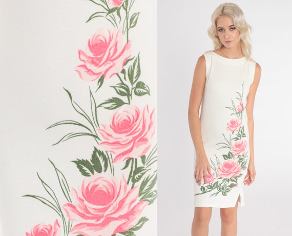 Rose Print Dress 80s White Floral Mini Dress Slee… - image 1