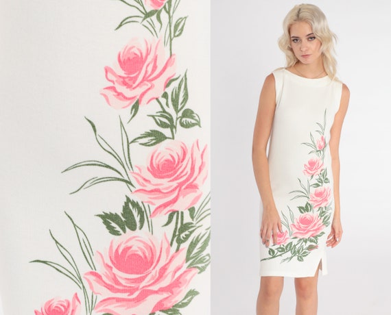 Rose Print Dress 80s White Floral Mini Dress Sleeveless Shift Dress Pink Flower Side Slit Garden Party Tank Vintage 1980s Extra Small xs