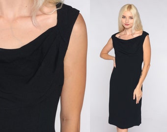 Black Mini Dress 60s Shift Dress Plain Little Black Dress Sleeveless Cowl Neck Formal Party Cocktail LBD Simple Basic Vintage 1960s Small S