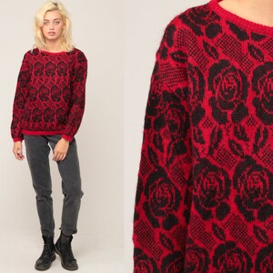 Floral Sweater Red Wool Sweater 80s Sweater Boho Vintage Hippie Slouchy Retro Slouch Bohemian Pullover Black Rose Medium