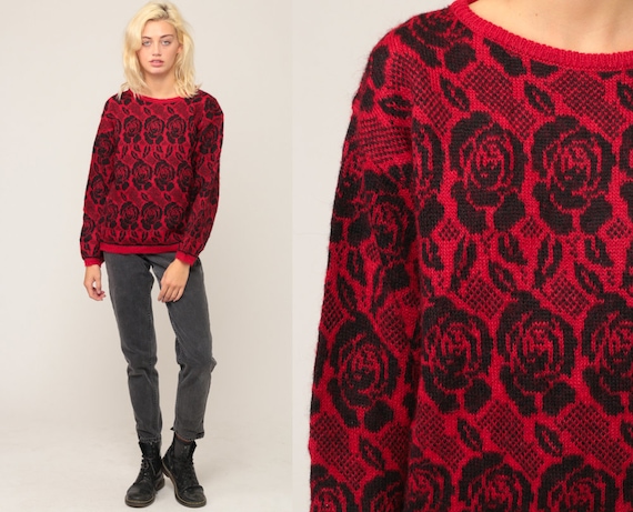 Floral Sweater Red Wool Sweater 80s Sweater Boho Vintage Hippie Slouchy Retro Slouch Bohemian Pullover Black Rose Medium
