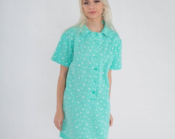 Polka Dot Dress 70s Button up Mini Dress Blue-Green Shirtdress Collared Shift Mod Short Sleeve Retro Groovy Twiggy Vintage 1970s Large L