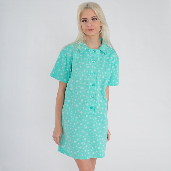Polka Dot Dress 70s Button up Mini Dress Blue-Green Shirtdress Collared Shift Mod Short Sleeve Retro Groovy Twiggy Vintage 1970s Large L