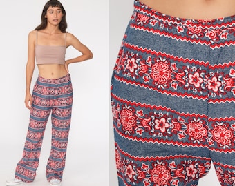 Bell Bottom Pants Floral Trousers 70s FLORAL PRINT High Waisted Pants Boho Red Blue Hippie Flared Bohemian Seventies Festival Small 28