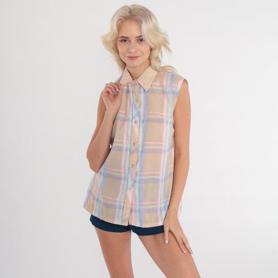 80s Plaid Blouse Tan Pastel Button Up Tank Top Pink Purple Checkered Shirt 1980s Check Print Top Vintage Preppy Sleeveless Shirt Medium