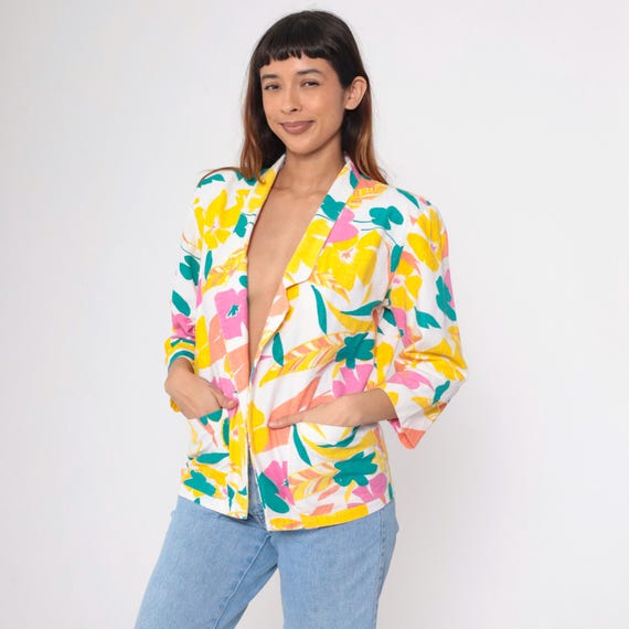Vintage 80s Floral Blazer Tropical Print Linen Jacket Lightweight Open Front Resortwear 1980s Bright Bold White Yellow Pink Statement Medium