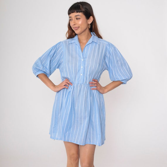 Striped Shirt Dress 80s Blue Balloon Sleeve Dress… - image 5