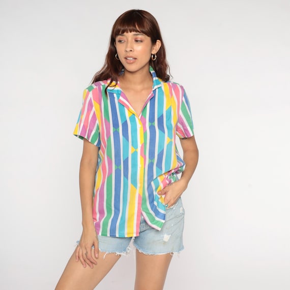 Rainbow Stripe Button Up Shirt 80s Colorful Vertical Stripes Short Sleeve Vintage Summer Preppy Cotton Bright Vibrant Blouse Large L