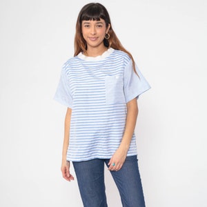 Striped T Shirt 90s Pocket T Shirt White Blue RINGER Tee 90s Grunge Hipster Retro Tee Vintage Normcore Short Sleeve Polyester Large L image 2