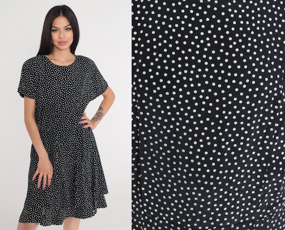 Polka Dot Dress 90s Black White Mini Skater Dress Retro Short Sleeve Day Dress Casual Summer MiniDress High Waisted Vintage 1990s Medium M