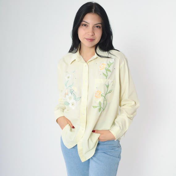 90s Rhinestone Floral Embroidered Blouse Yellow Striped Button Up Shirt Vintage Pastel Long Sleeve Top 1990s White Embellished Medium