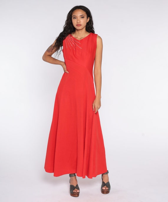 70s Party Dress Red Rhinestone Dress 1970s Maxi Party GRECIAN Dress Sleeveless Formal Dress Long Boho Draped Vintage Bohemian Large L