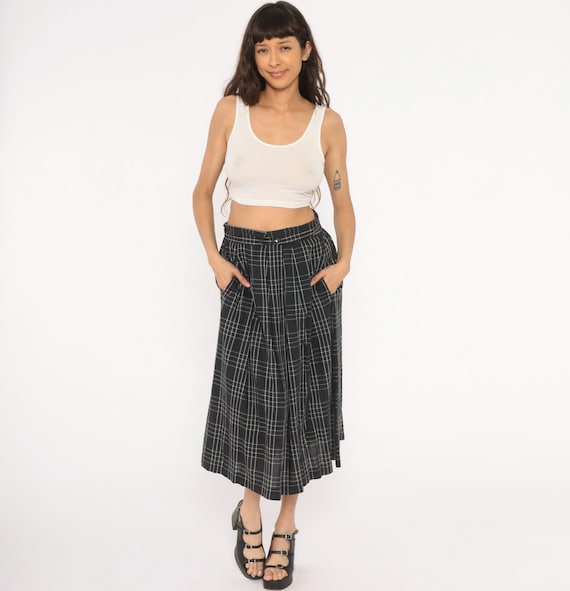 Windowpane Plaid Skirt 80s Black White Check Pleated High Waist Button Front Cotton Full Grid Pattern Academic Collegiate Vintage Large L