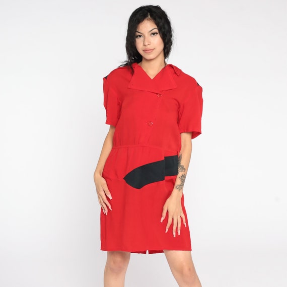 Red Sheath Dress 80s Mini Button Up Vintage Wiggle Pencil V Neck Secretary Short Sleeve Fitted Medium Large