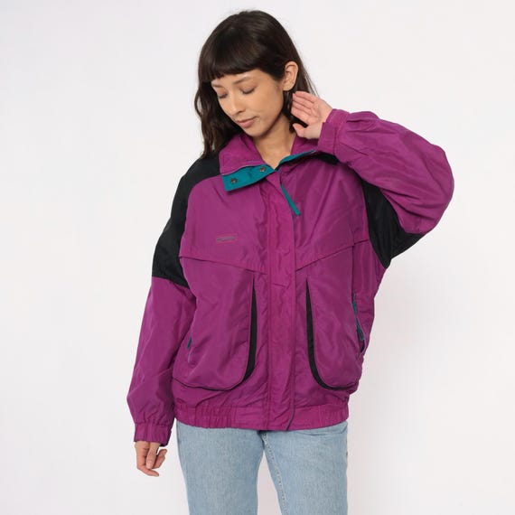 90s Purple Windbreaker Columbia Magenta Colorblock Jacket Vintage Athletic Outdoor Gorpcore Hiking Track Coat Sporty Activewear Large L