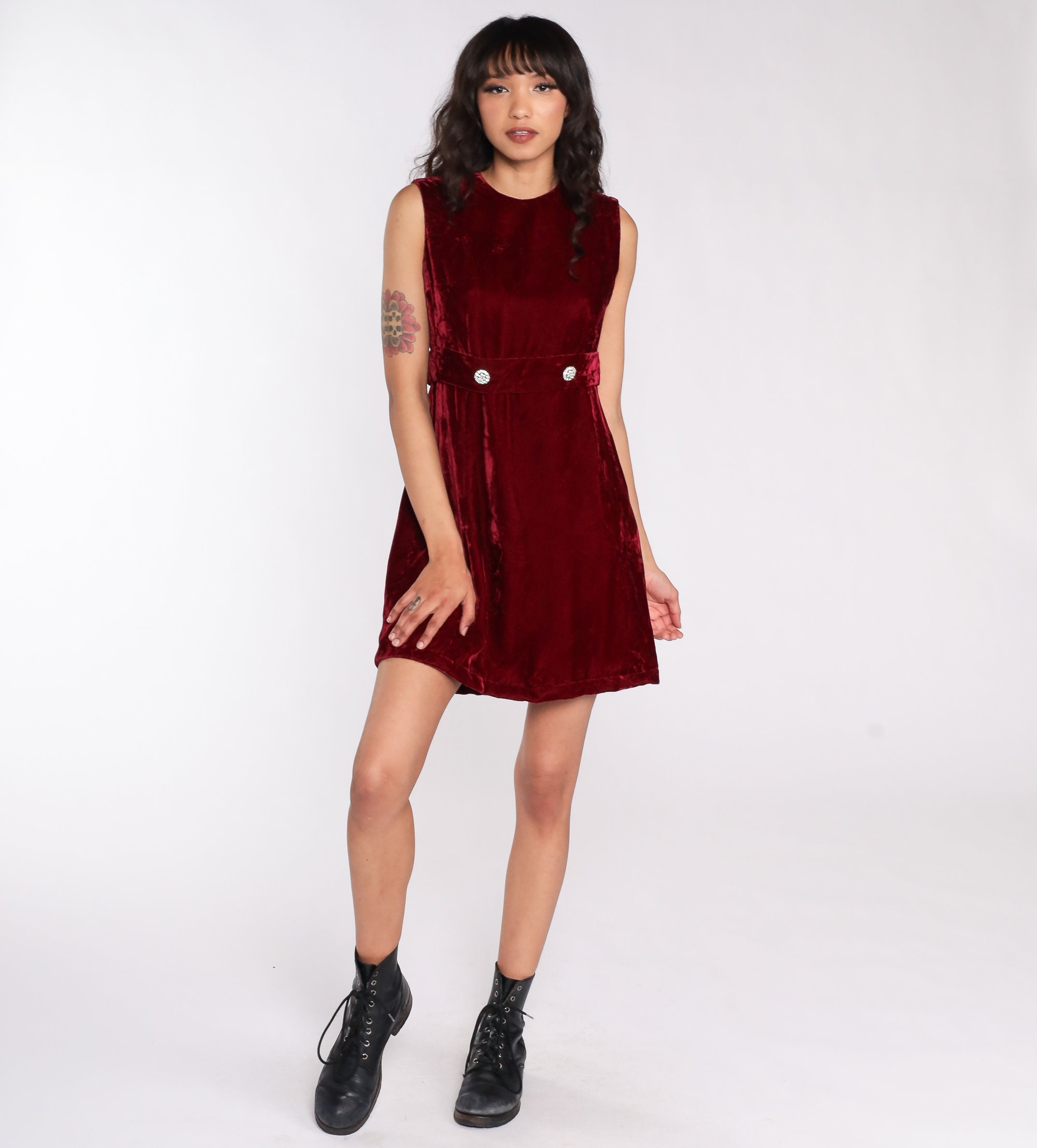 60s Velvet Dress Dark Red Babydoll Mod Mini Party Cocktail Rhinestone