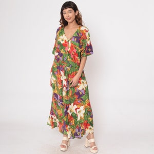 Tropical Floral Dress 90s Dolman Sleeve Maxi Boho Hippie V Neck Shirtdress 1990s Vintage Elastic Waist Button Up Green Red Purple Large image 2