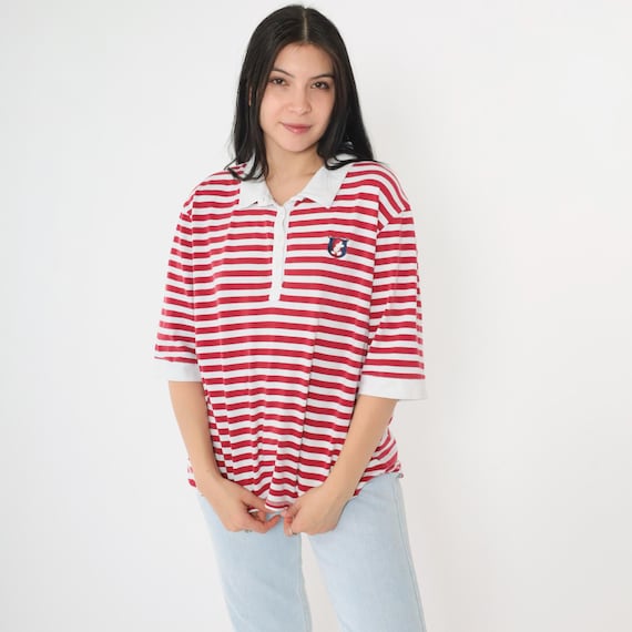 Vintage Y2K Mickey Mouse Polo Shirt Red White Striped Walt Disney World Short Sleeve Crest Retro 00s Button up XXL