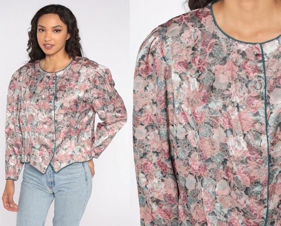 Tapestry Floral Blouse 80s Metallic Button Up Shirt Shimmery Puff Sleeve Top Pink Grunge Boho 1980s Vintage Bohemian Shirt Large L