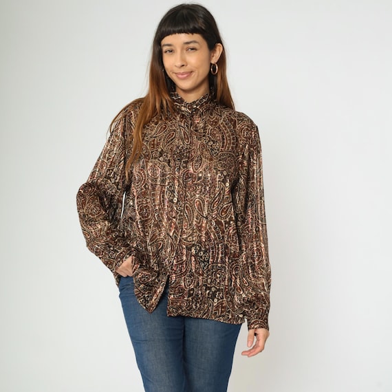 Vintage Paisley Shirt 80s Metallic Puff Sleeve Blouse Semi-Sheer High Collar Button Up Shirt Long Sleeve Top Boho 1980s Secretary Large