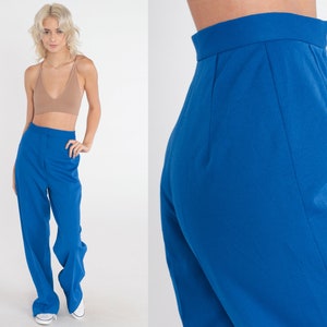 Royal Blue Trousers 70s Flared Pants High Waisted Bellbottoms Wide Flared Leg Creased Pants Preppy Slacks Vintage 1970s Extra Small xs 24