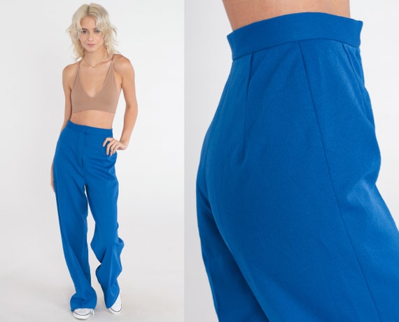 Royal Blue Trousers 70s Flared Pants High Waisted Bellbottoms Wide Flared Leg Creased Pants Preppy Slacks Vintage 1970s Extra Small xs 24