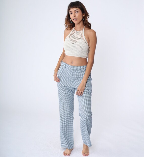 Checkered Pants 80s Straight Leg Plaid Trousers Golf Retro White Blue Navy Boho Punk Mod Mid Rise Check Print Vintage 190s Medium 32