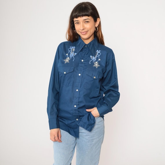Vintage Embroidered Western Shirt 70s Blue Cowboy Boot Pearl Snap Metallic Star Button up Rodeo Top Retro 1970s Men's Medium 15 - 15 1/2