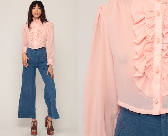 Baby Pink Shirt Tuxedo Blouse CROP TOP 70s Shirt RUFFLE Shirt Sheer Boho Hippie 1970s Bohemian Vintage Long Sleeve Small